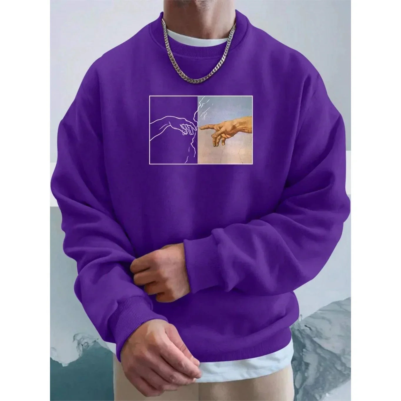 Purple graphic crewneck sweatshirt with modern art hand print, relaxed fit, cotton blend.