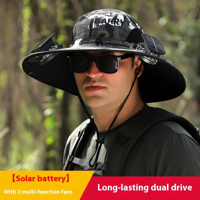 Man wearing wide-brim sun hat with solar panels, dual fans, and sunglasses in outdoor setting