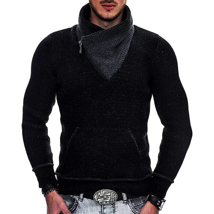 Men's black knit pullover with zip cowl neck, slim fit, paired with light wash jeans.