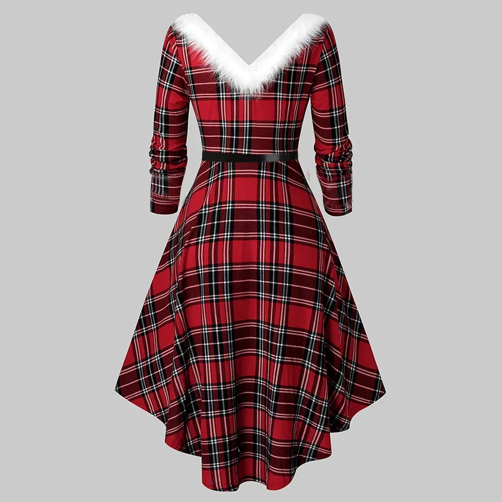 Red plaid fit-and-flare dress with V-neckline, white faux fur trim, and long sleeves