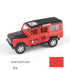 Red and black toy SUV with four doors, visible tires, and transparent roof windows.