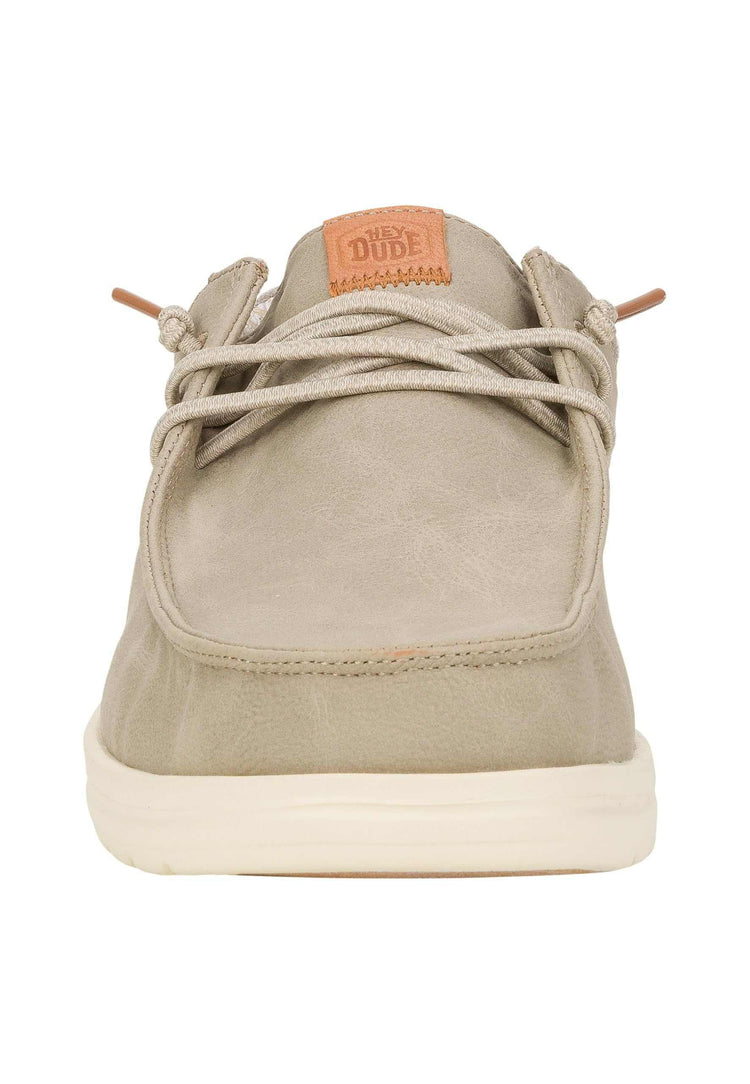 Front view of taupe casual lace-up shoe with soft suede texture and relaxed fit