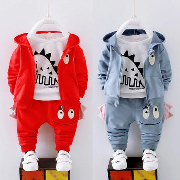 Kids' matching dinosaur hoodie and pants sets in red and blue, cotton, relaxed fit