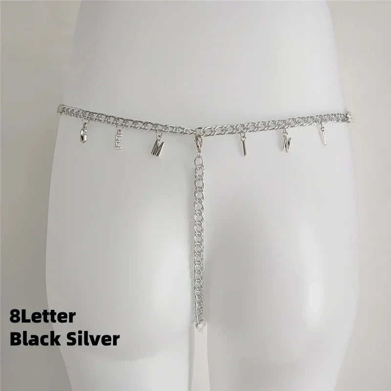Silver chain waist belt with letter charms and dangle detail, minimalist streetwear accessory