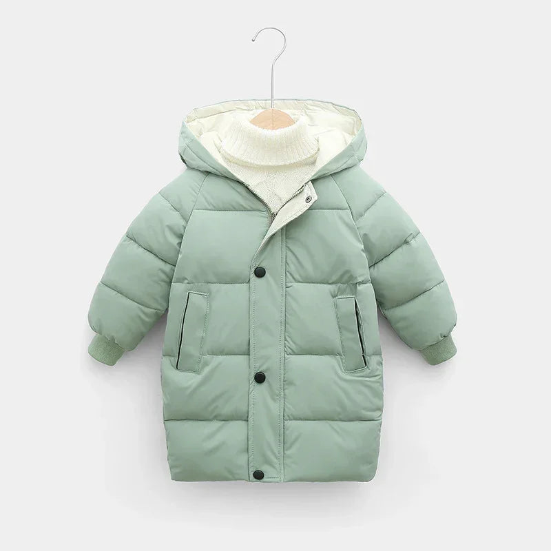 Light green puffer coat with hood, long sleeves, and front pockets, relaxed fit, winter wear