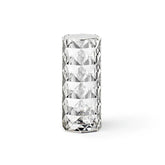 Clear geometric faceted glass tumbler on a white background