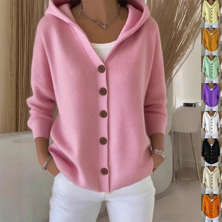 Casual pink knit button-up hoodie cardigan with long sleeves, relaxed fit, and soft fabric.