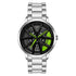 Stainless steel watch with black and neon green dial, bold modern design, metal bracelet