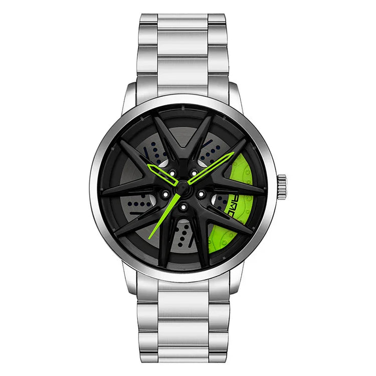 Stainless steel watch with black and neon green dial, bold modern design, metal bracelet