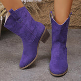 Vibrant purple suede mid-calf western boots with low block heel and embroidered details