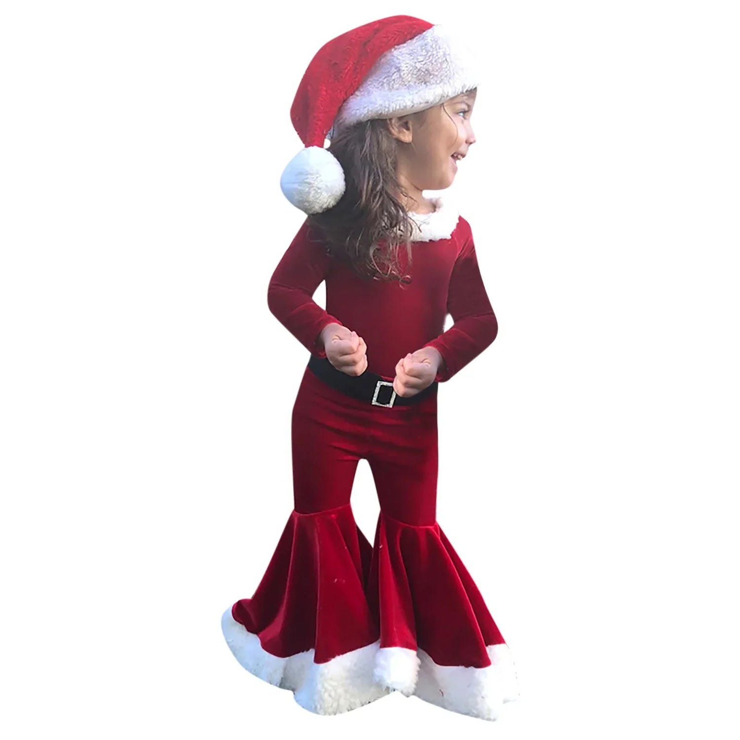 Child in festive red velvet bell-bottom outfit with white fur trim and Santa hat
