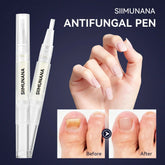 Clear antifungal pen with brush applicator, showing healthy nails and before-after toenail treatment results.