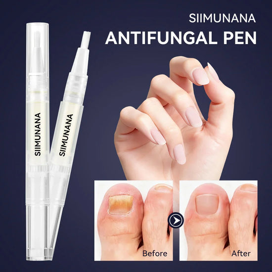 Clear antifungal pen with brush applicator, showing healthy nails and before-after toenail treatment results.