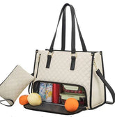Beige quilted tote bag with black trim, side pouch, and insulated lower food storage compartment.
