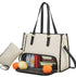 Beige quilted tote bag with black trim, side pouch, and insulated lower food storage compartment.
