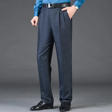 Men's tailored navy dress pants, pleated front, relaxed fit, wool blend material