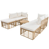 Modern beige rattan sectional sofa set with white cushions and matching ottoman, minimalist style