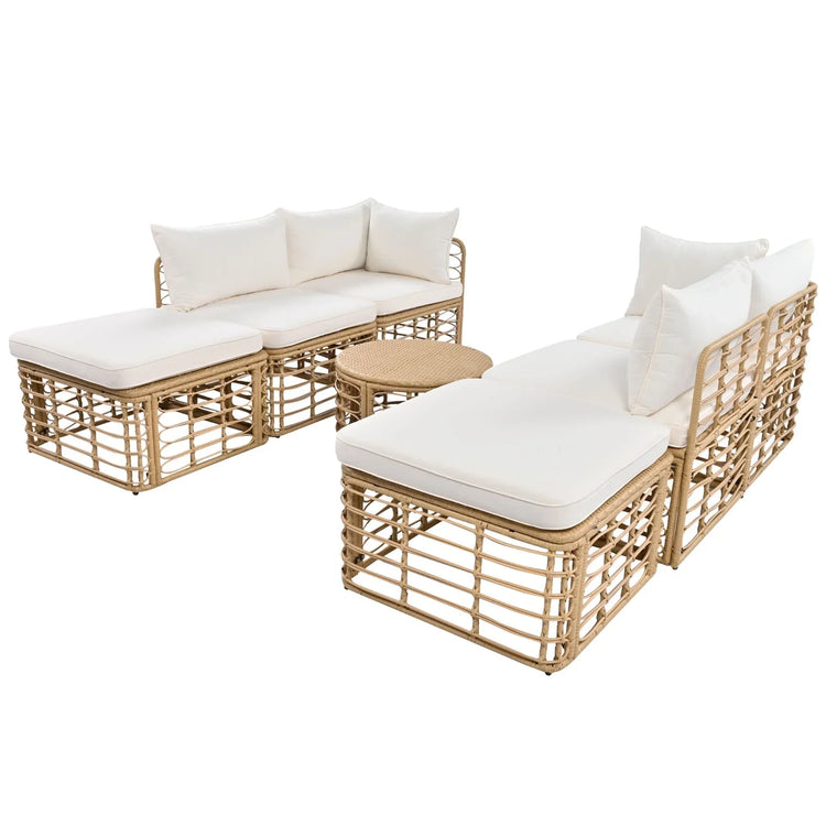 Modern beige rattan sectional sofa set with white cushions and matching ottoman, minimalist style