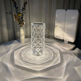 Modern geometric glass vase on table with decorative dried flowers and LED vanity mirror