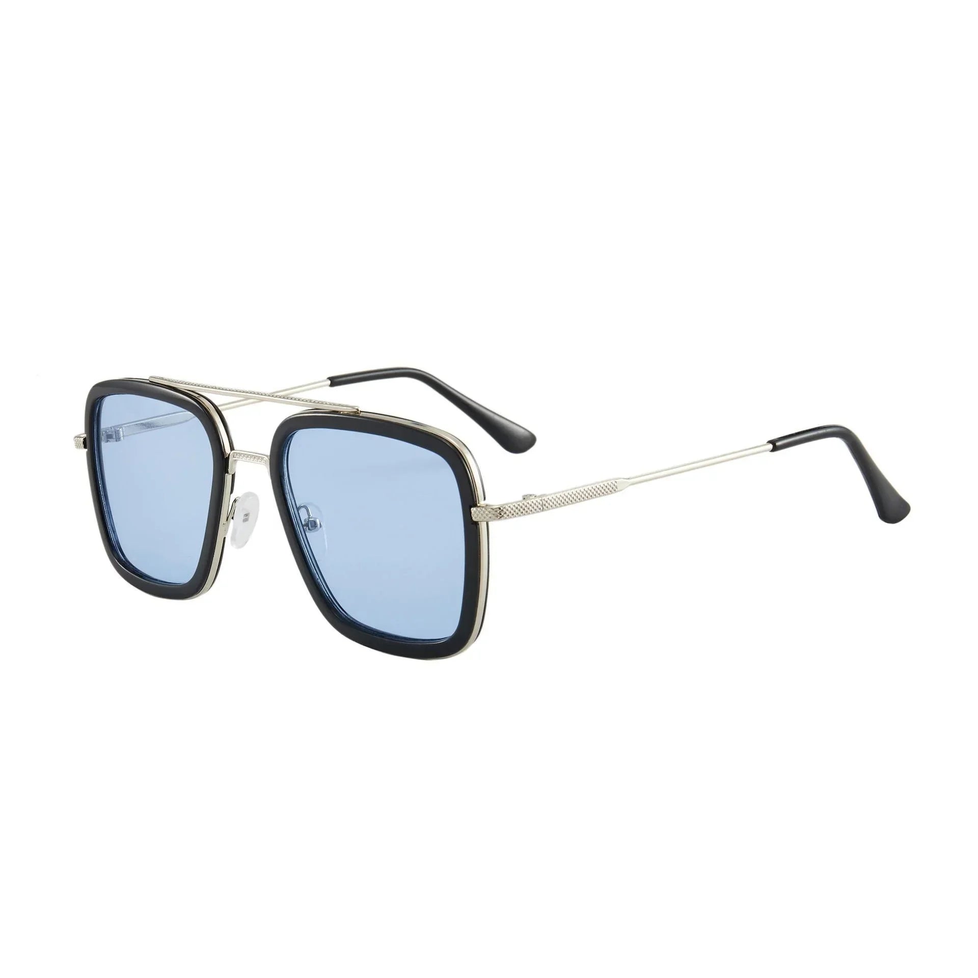 Square blue lens sunglasses with silver metal frame and black temple tips, modern streetwear style