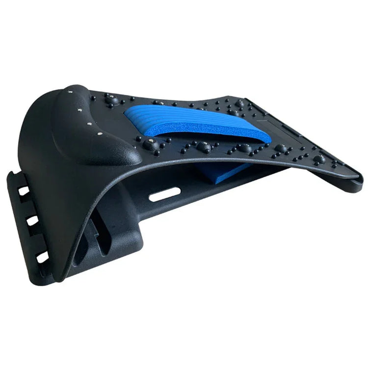 Black and blue adjustable back stretcher with textured massage points, ergonomic design