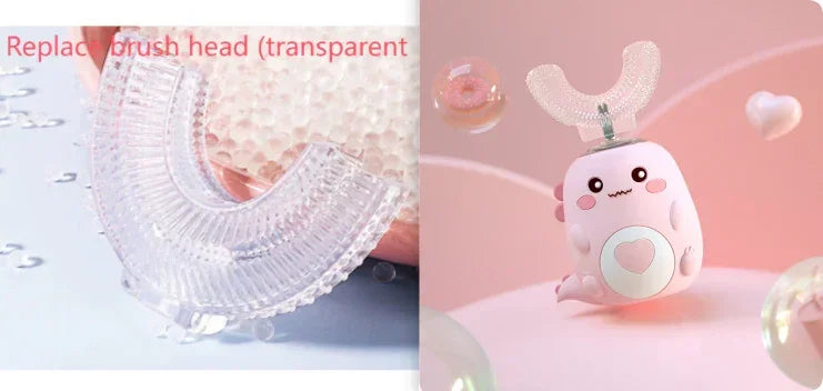Transparent silicone U-shaped brush head and pink automatic kids toothbrush with cute design