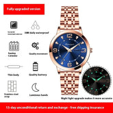 Rose gold stainless steel watch with blue face, luminous hands, date feature, and thin body.