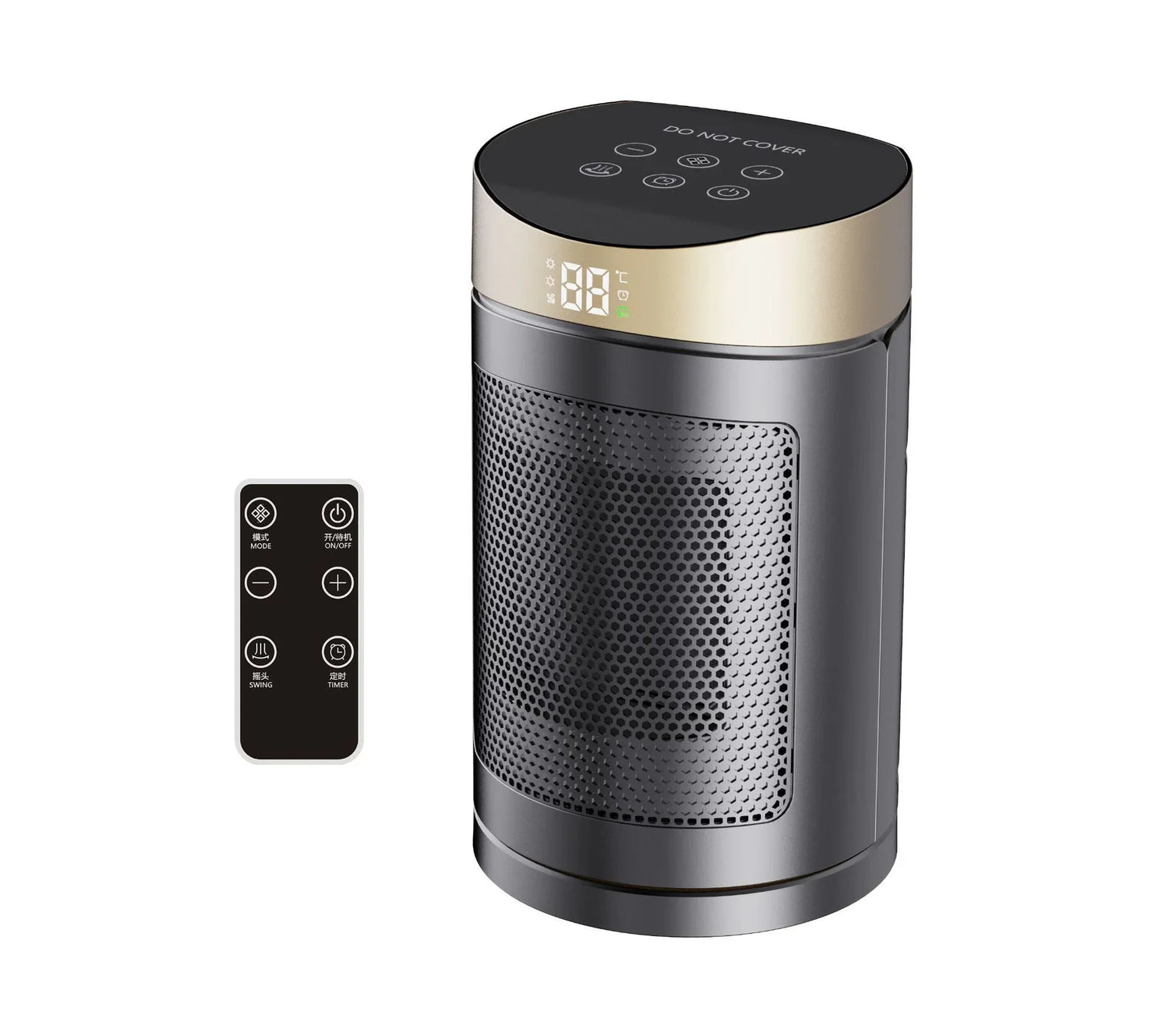 Black and gold cylindrical electric heater with digital display, mesh grille, and remote control.
