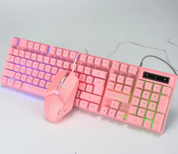 Pink mechanical keyboard and wired mouse set with backlit keys, modern tech accessories
