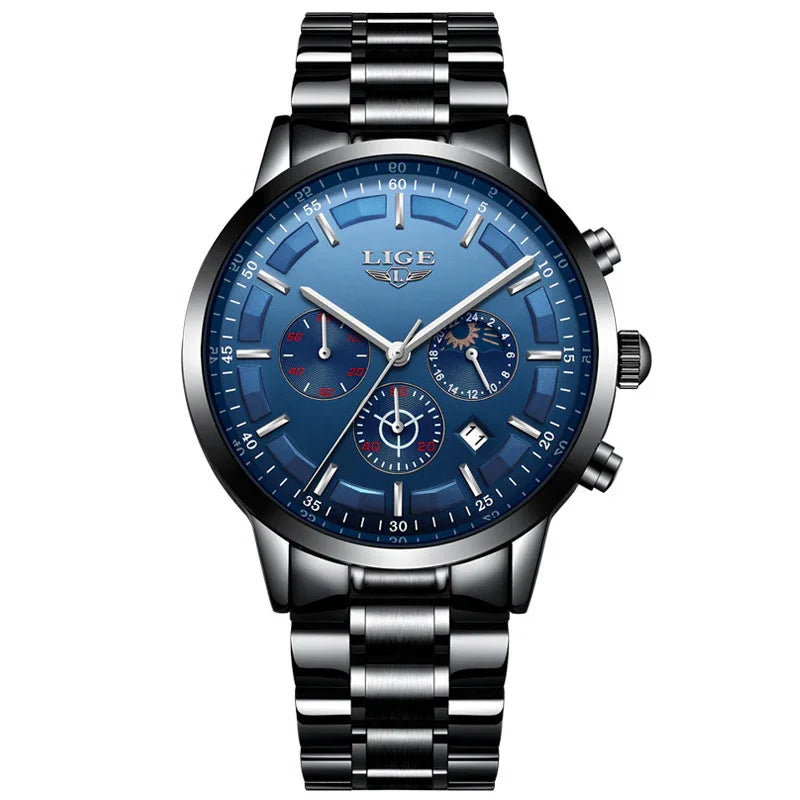 Men’s stainless steel watch with blue dial, chronograph features, and silver band