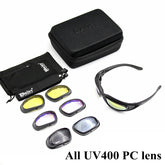 Black sports sunglasses with multiple UV400 interchangeable lenses, soft pouch, and hard case