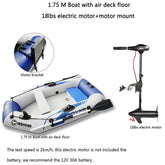 Blue and white inflatable boat with air deck floor, motor mount, and 18lb electric motor.