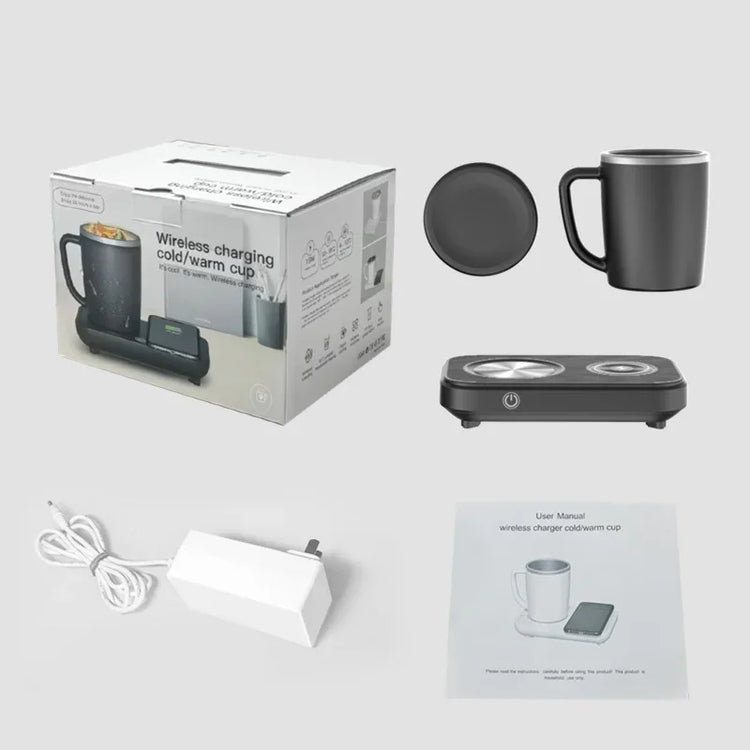 Black ceramic mug with matching lid, wireless charging base, power adapter, and user manual.
