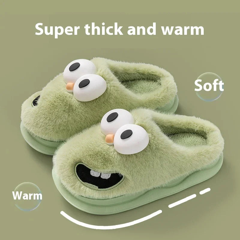 Green plush slippers with cartoon face, thick soft material, closed-toe, cozy fit