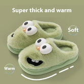 Green plush slippers with cartoon face, thick soft material, closed-toe, cozy fit