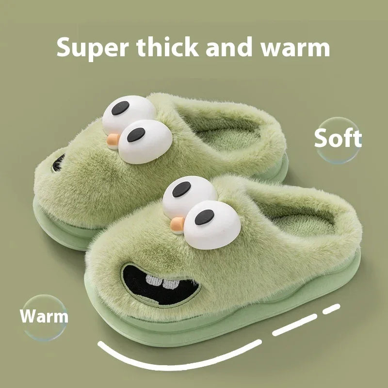 Green plush slippers with cartoon face, thick soft material, closed-toe, cozy fit