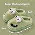 Green plush slippers with cartoon face, thick soft material, closed-toe, cozy fit