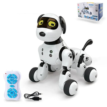 Black and white robot dog toy with LED eyes, remote control, and USB charging cable