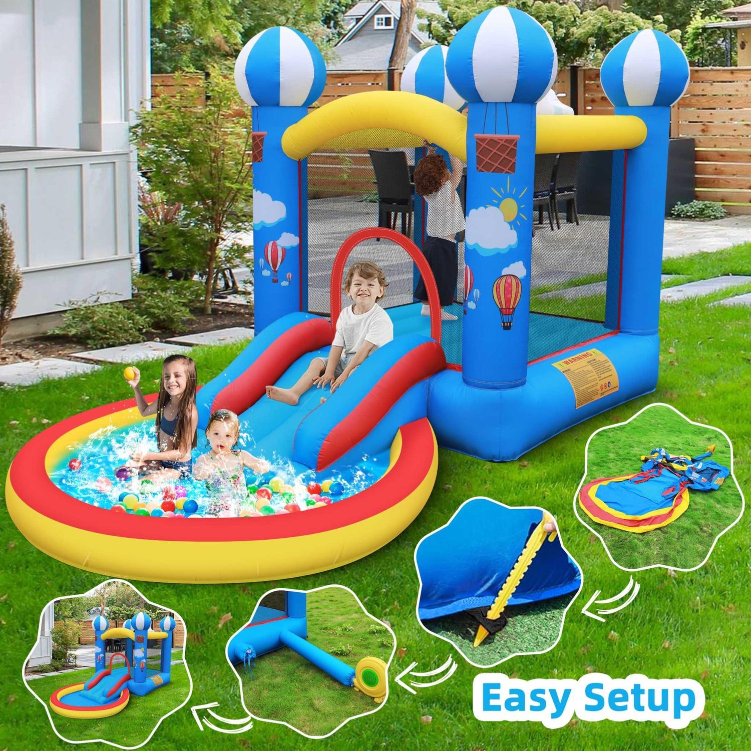 Kids playing in colorful inflatable bounce house with slide and pool in backyard.