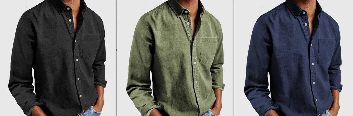 Men’s button-up shirts in black, olive green, and navy, long sleeves, relaxed fit, chest pocket.
