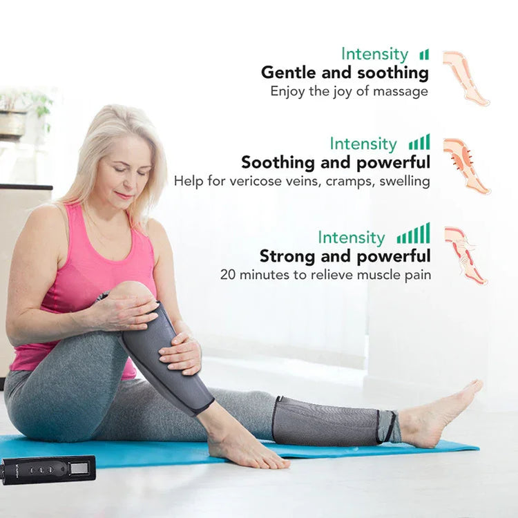 Woman wearing grey leg compression sleeves, pink sleeveless top, and grey leggings, seated on a mat in a bright room.