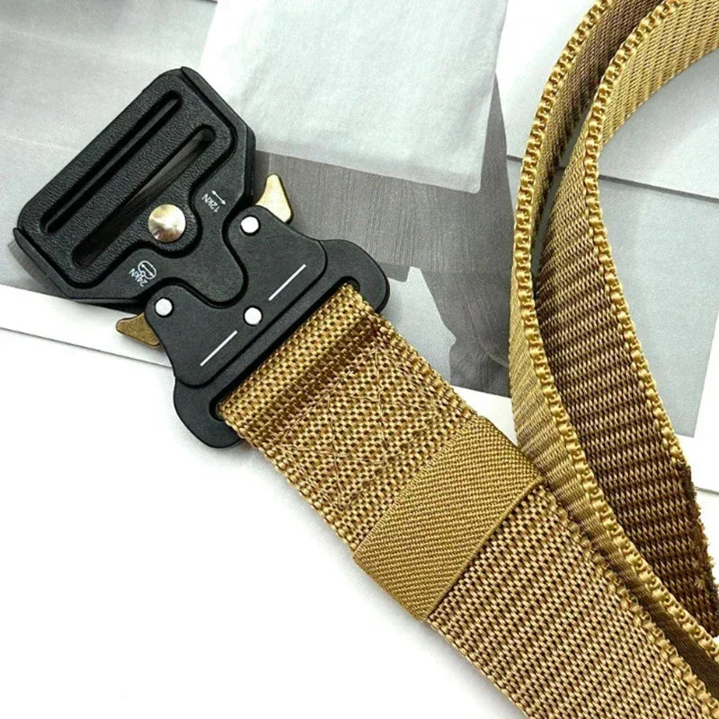 Gold tactical nylon webbing belt with sturdy quick-release black metal buckle