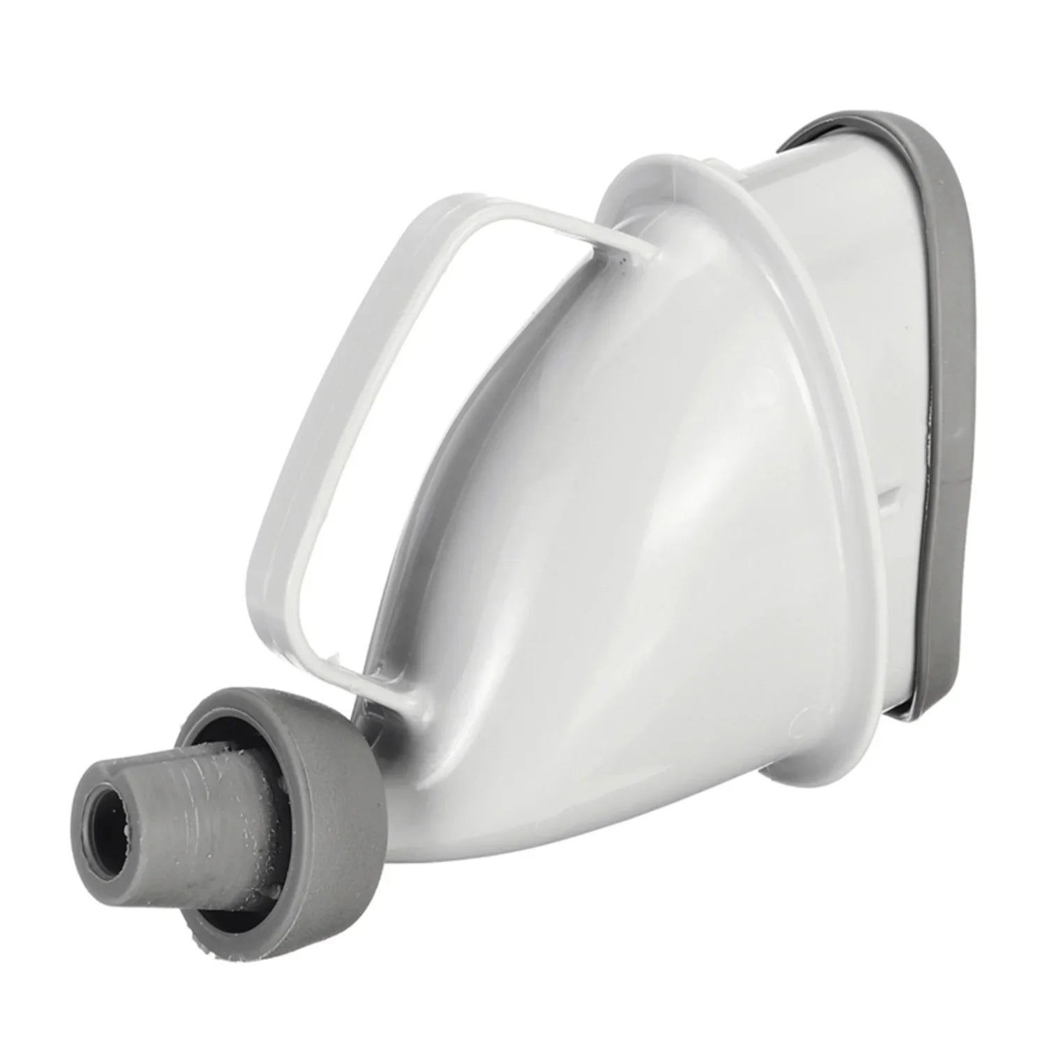 Gray and white plastic nozzle attachment with ergonomic handle and rubber seal
