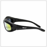 Futuristic black wraparound sunglasses with mirrored yellow-tint lenses, sporty fit