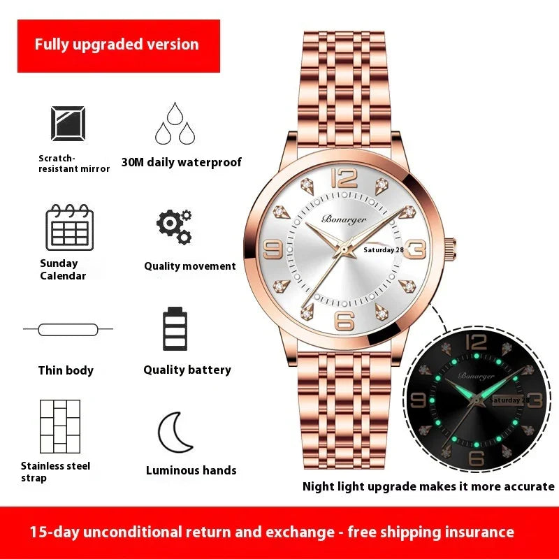 Rose gold stainless steel wristwatch with silver dial, luminous hands, and date display.
