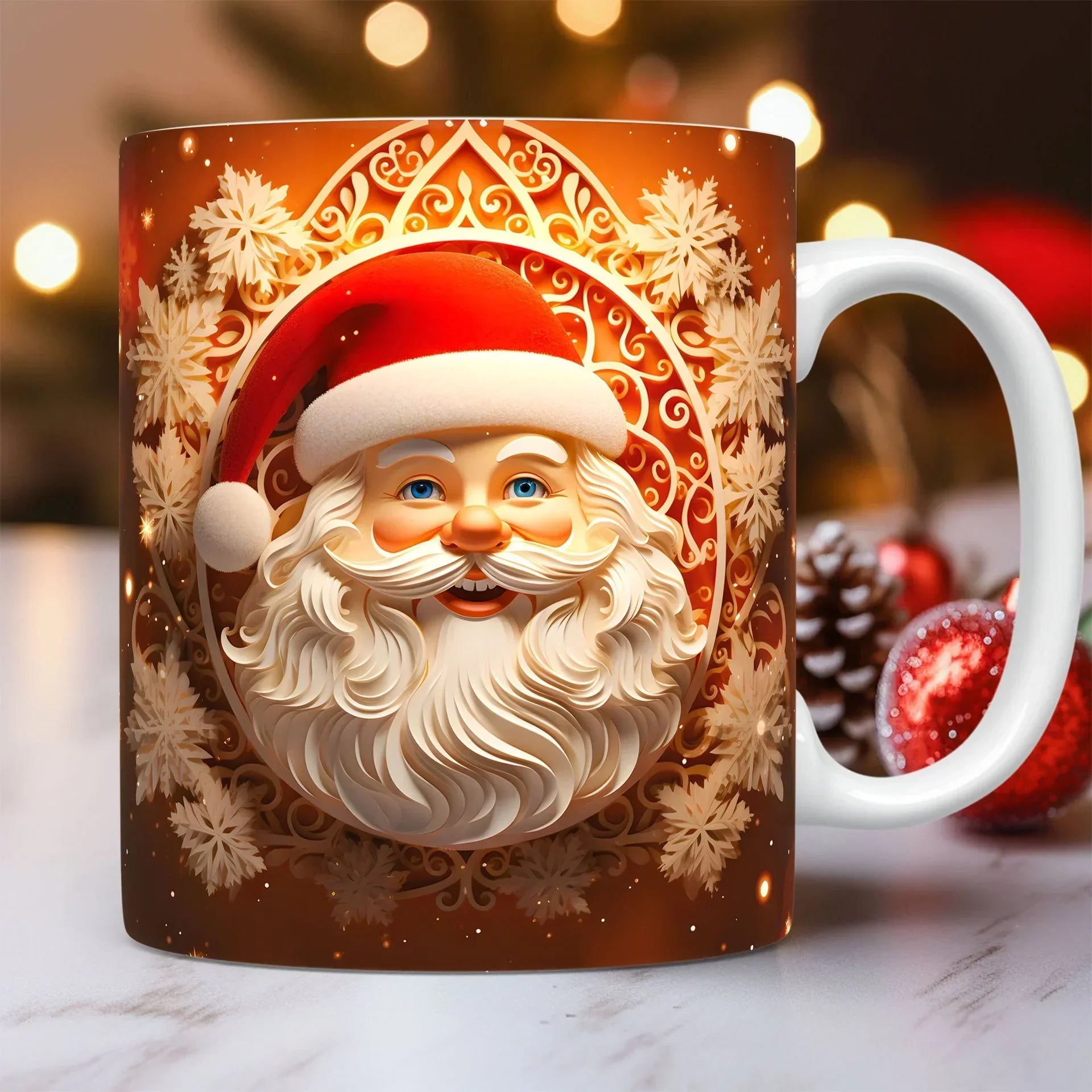 Festive ceramic mug with Santa Claus face, red and white hat, Christmas snowflake design