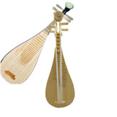 Traditional wooden string instruments with light wood color and curved body shape