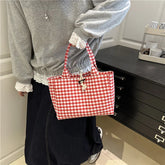 Red gingham check tote bag, casual loose grey sweatshirt with lace trim, relaxed fit outfit