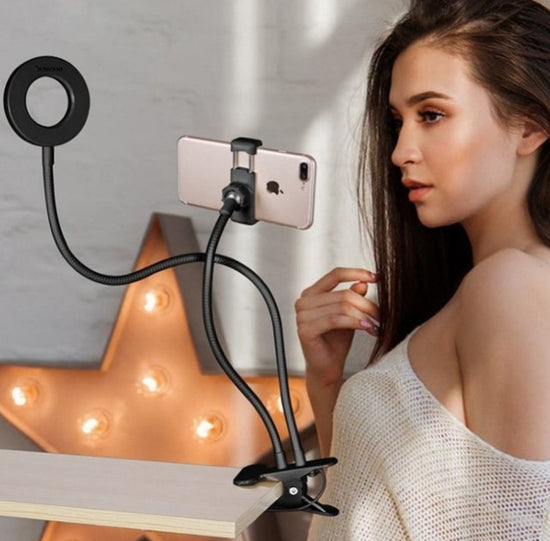 LED Selfie Ring Light with Desk Clamp & Phone Holder – USB Powered, 10-Level Brightness