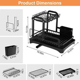 Black two-tier metal dish rack with utensil holder, various compartments, and labeled dimensions